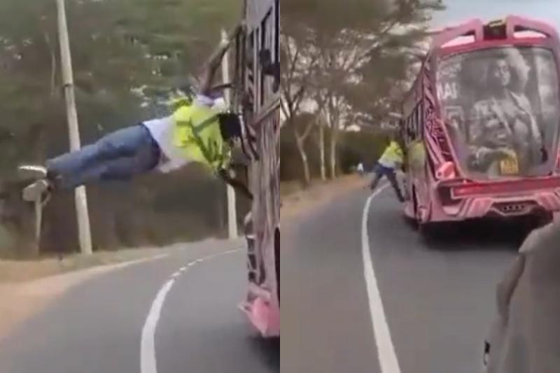 Collage photo of a passenger dangerously hanging on a matatu.